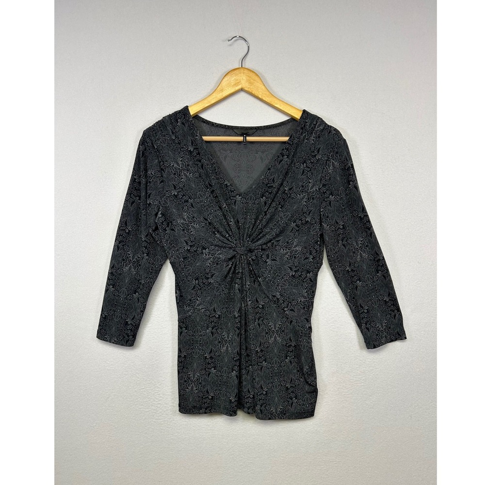 Dark‎ Academia Onyx Nite Women S Grey Paisley Twist Front 3/4 Sleeve V-Neck Top